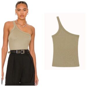 NWT Anine Bing - Ren Top Green Khaki One shoulder asymmetrical ribbed tank